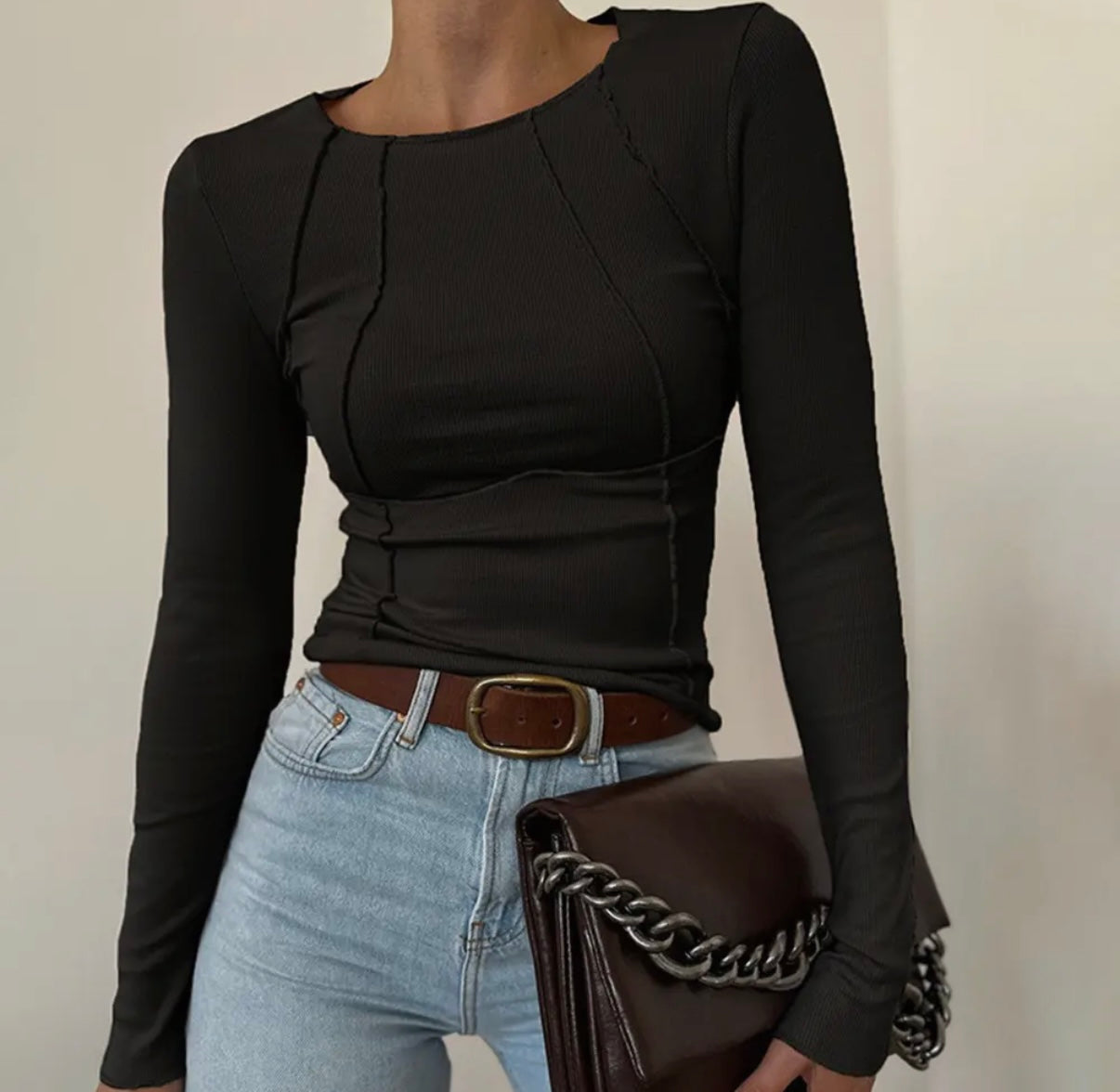 Long Sleeve Fitted Round Neck T-Shirt • BLACK