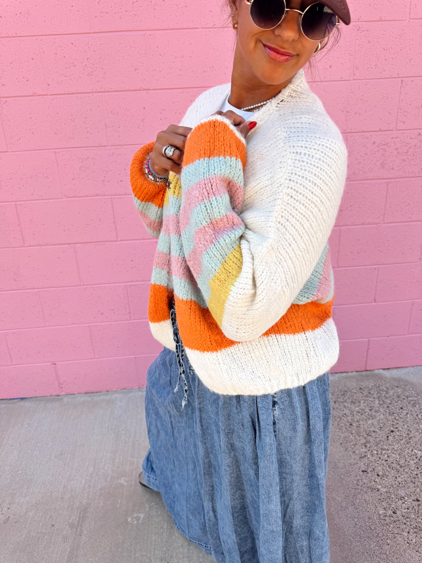 Knit Multi Striped Oversized Puff
Sleeve Cardigan