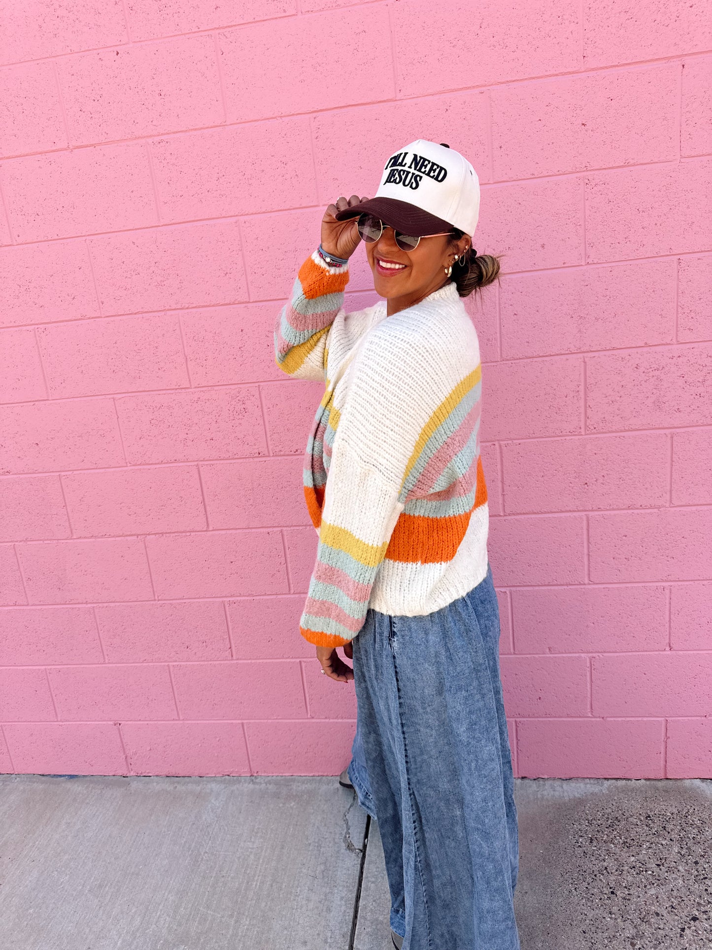 Knit Multi Striped Oversized Puff
Sleeve Cardigan