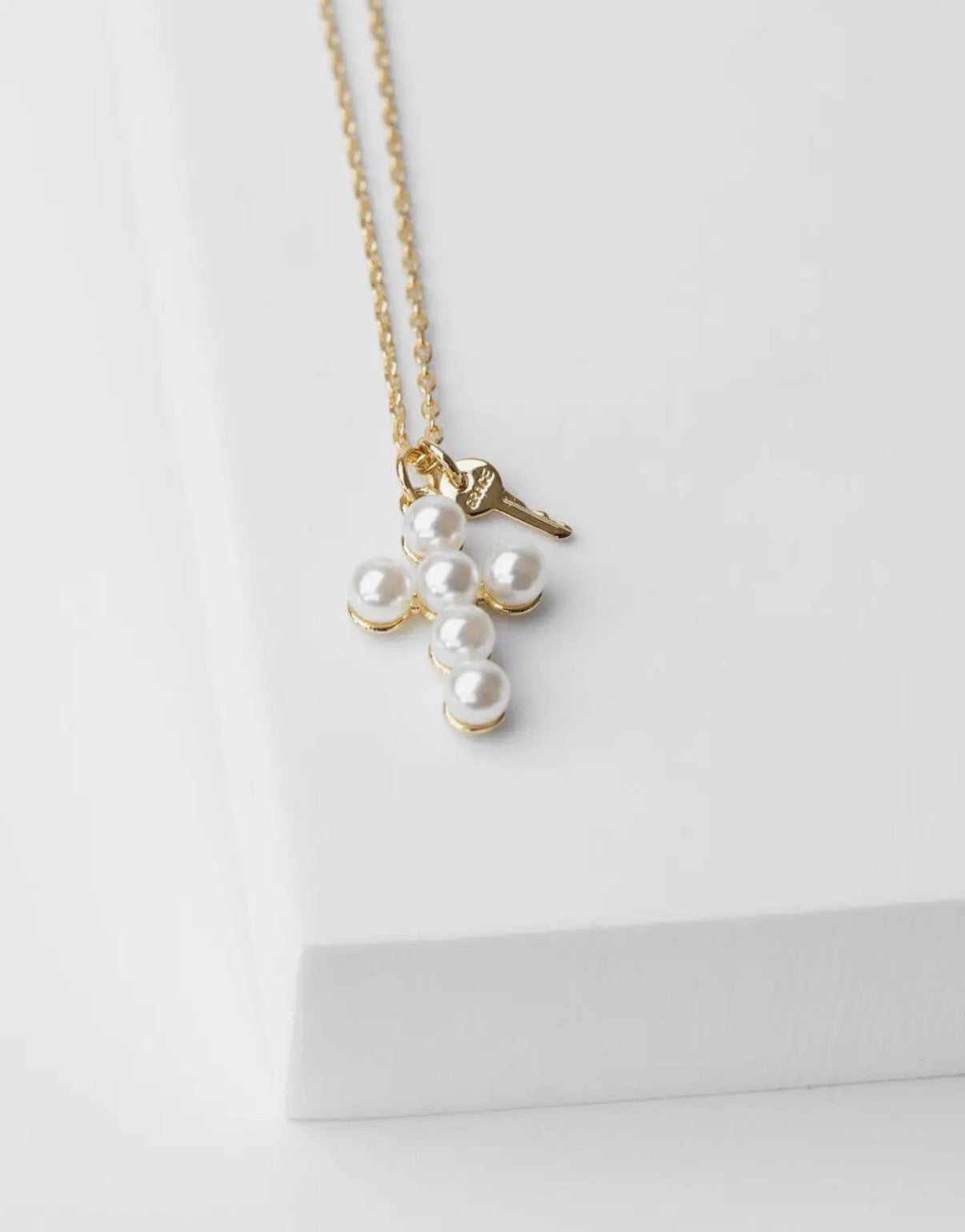 Pearl Cross + Mini Key Necklace