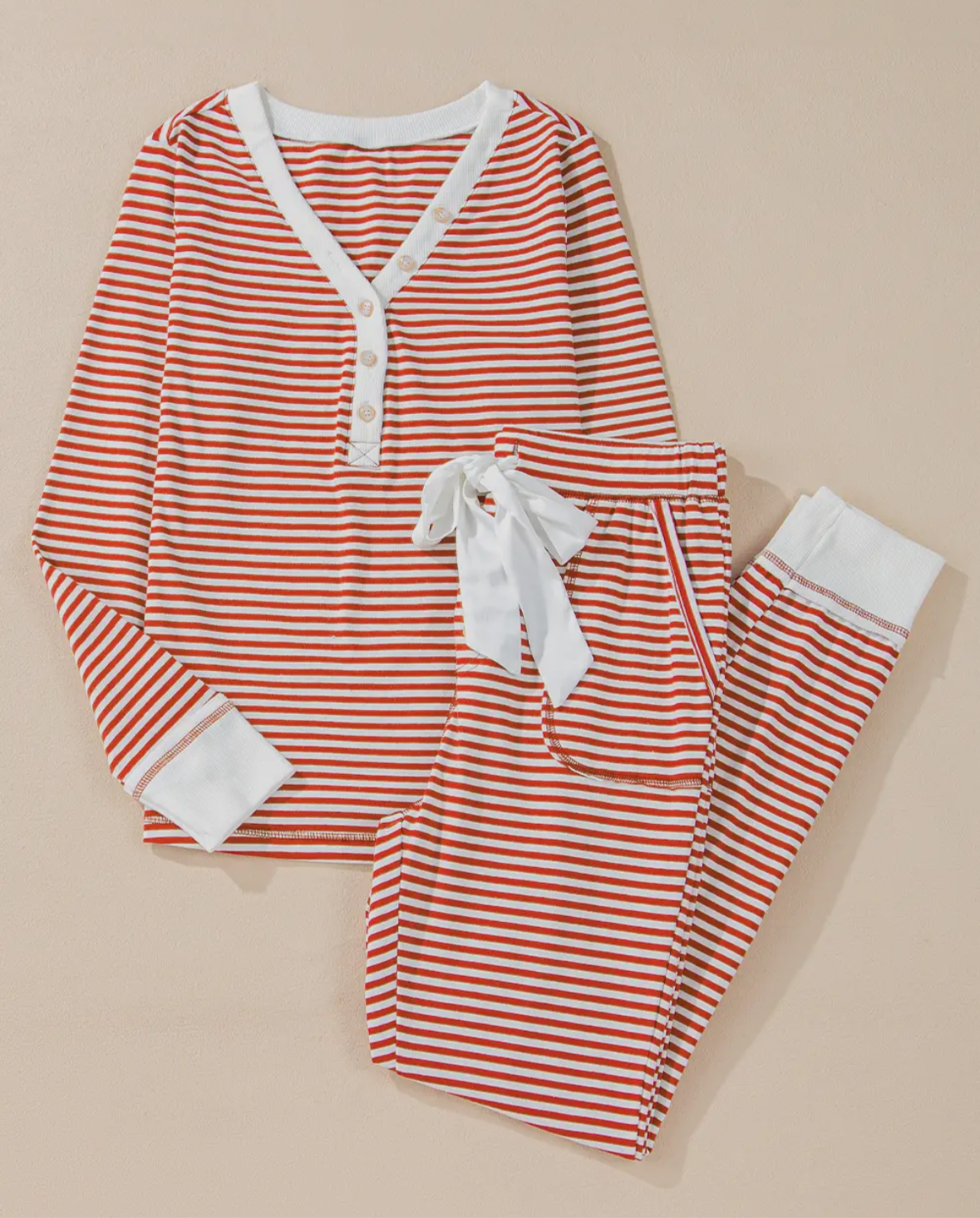 Stripe Button V Neck Top and Knotted Waist Pants Lounge Set