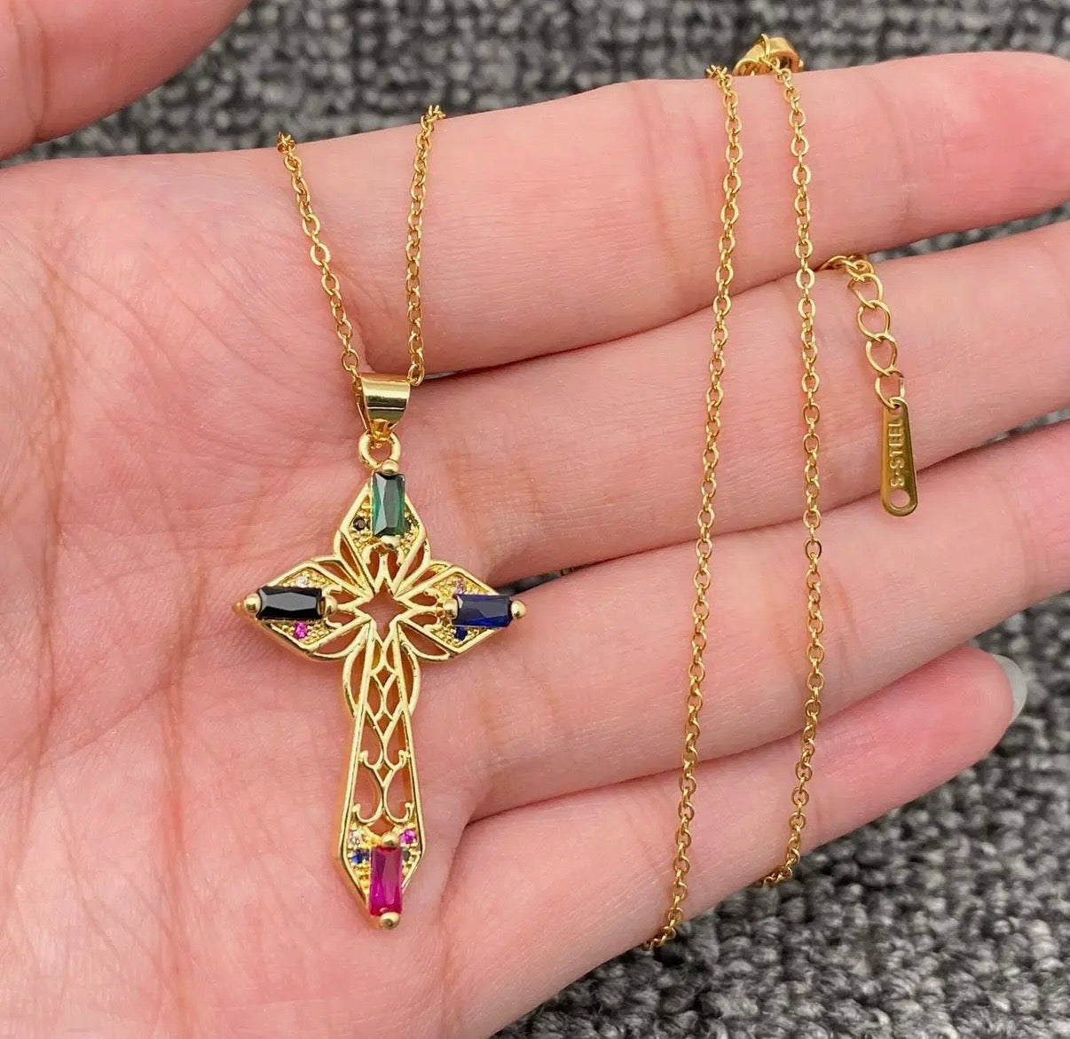 Sacred Rhinestone Cross Charm Necklace GOLD