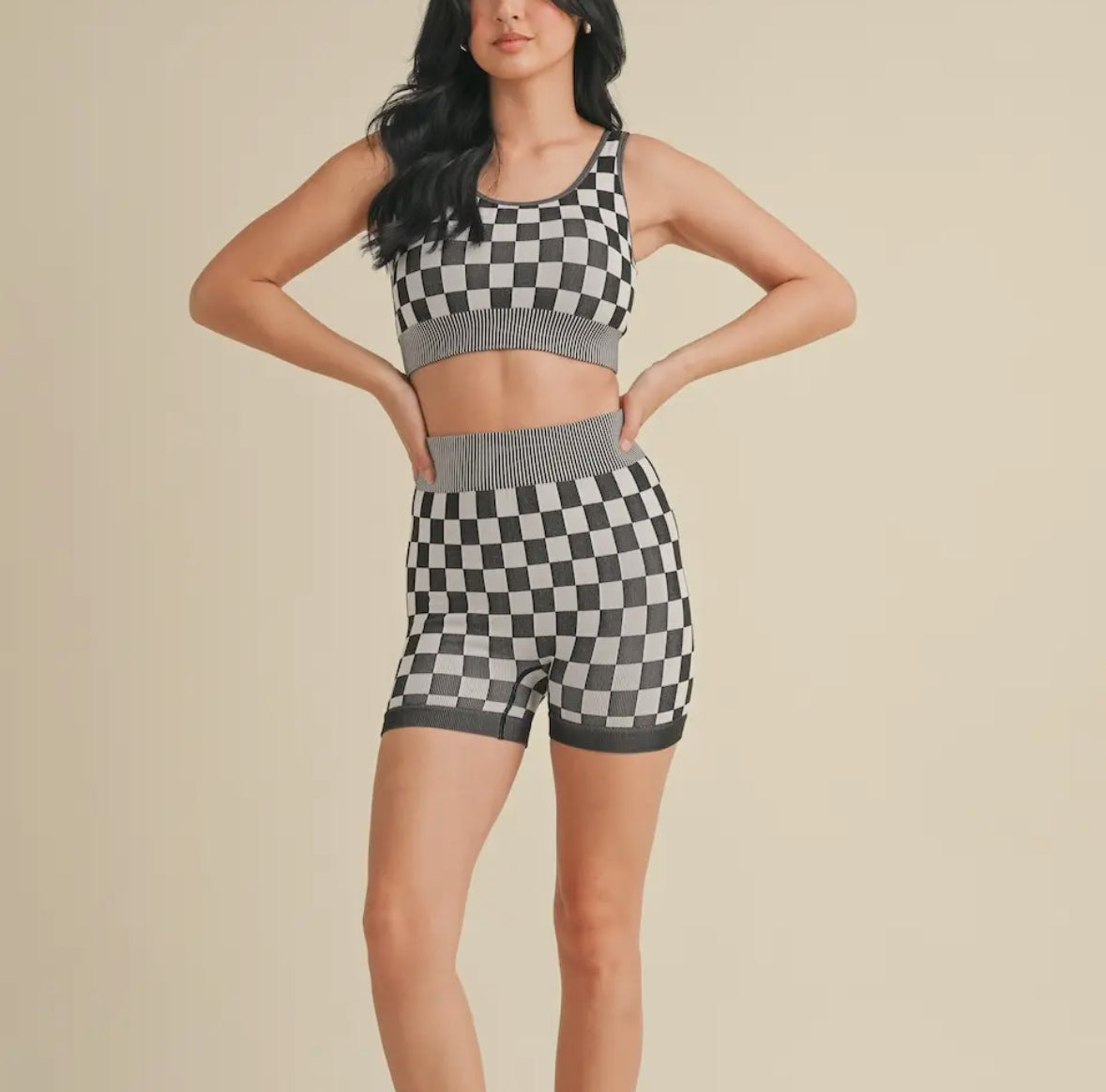 Checkmate Cropped Two Piece -Black And Blue