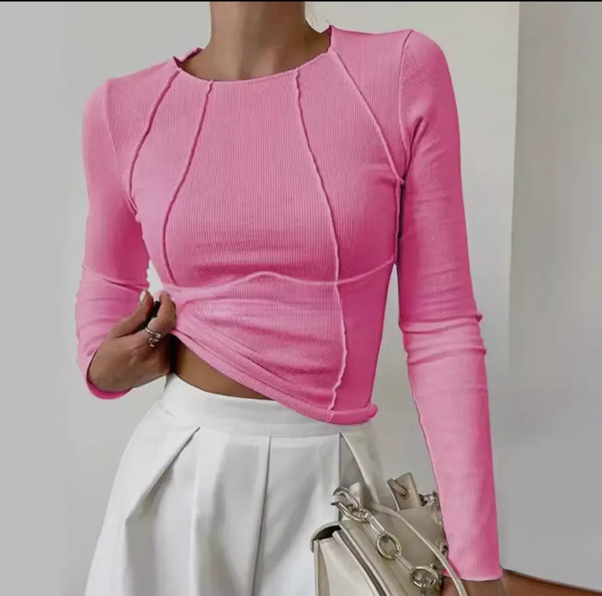 Long Sleeve Fitted Round Neck T-Shirt • PINK