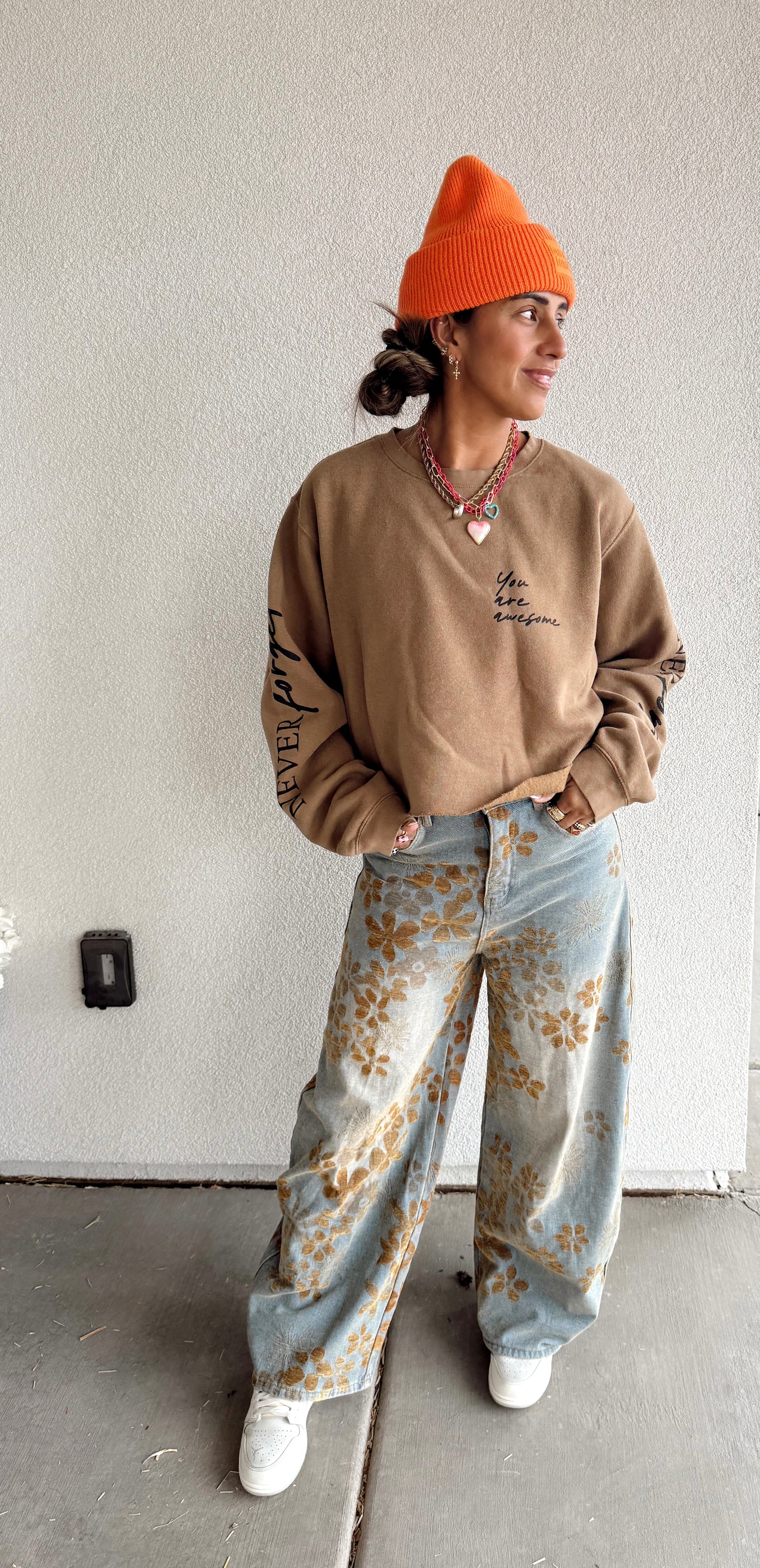 Floral Print Fleece Lined Wide Leg Denim Pants