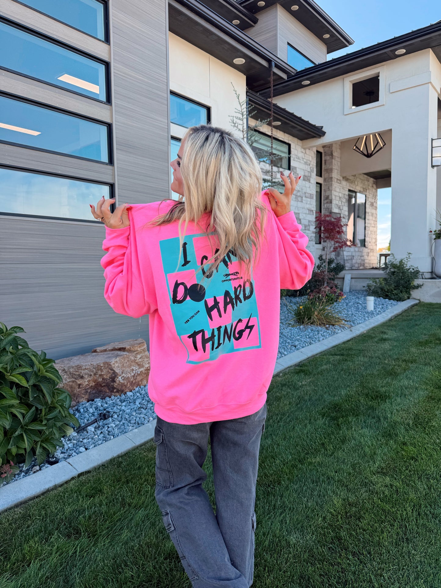 PREORDER Safety Pink + Blue/ Black I Can Do Hard Things Sweatshirt