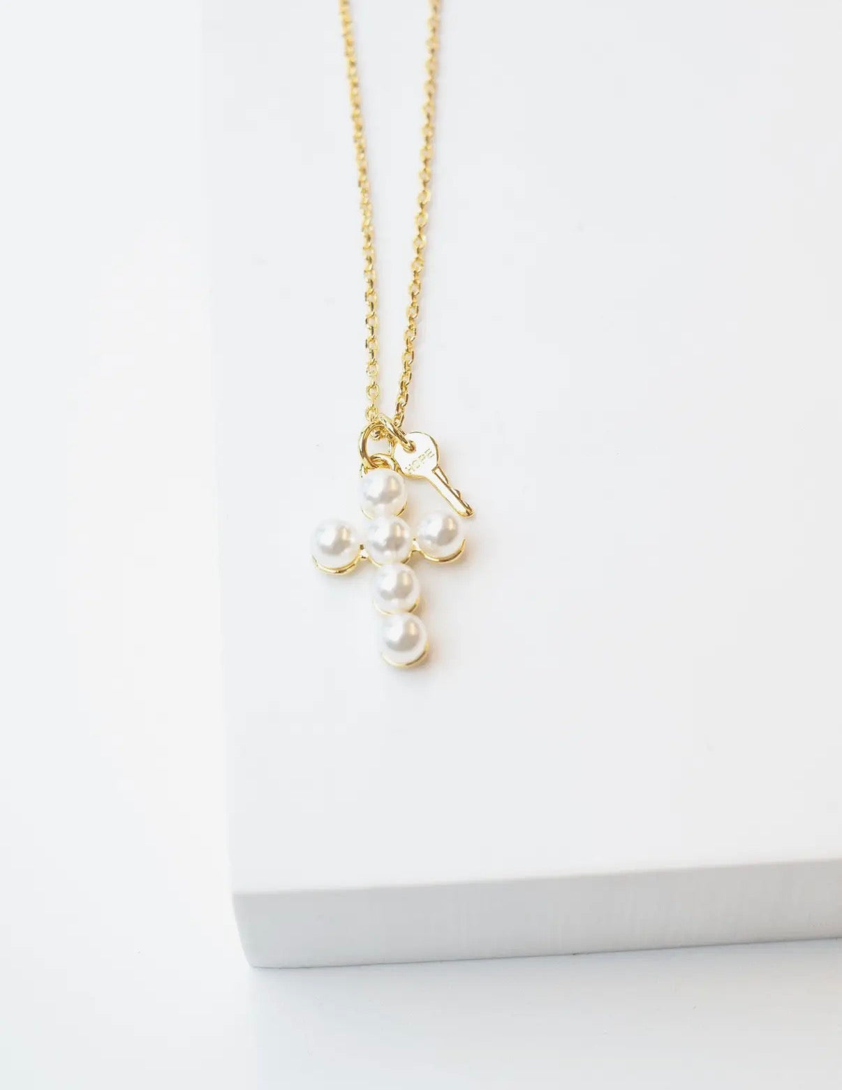 Pearl Cross + Mini Key Necklace