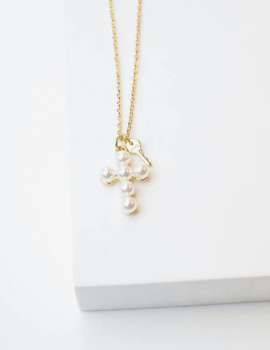 Pearl Cross + Mini Key Necklace