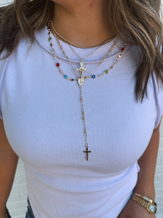 Boho Y Stone Cross Layered Necklace