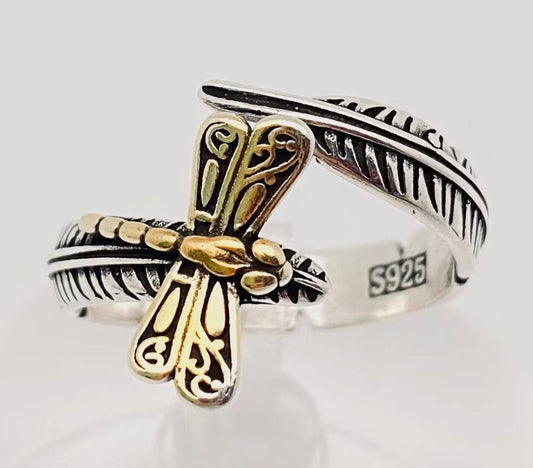 Silver Plated Feather Gold Dragonfly Adjustable Ring
