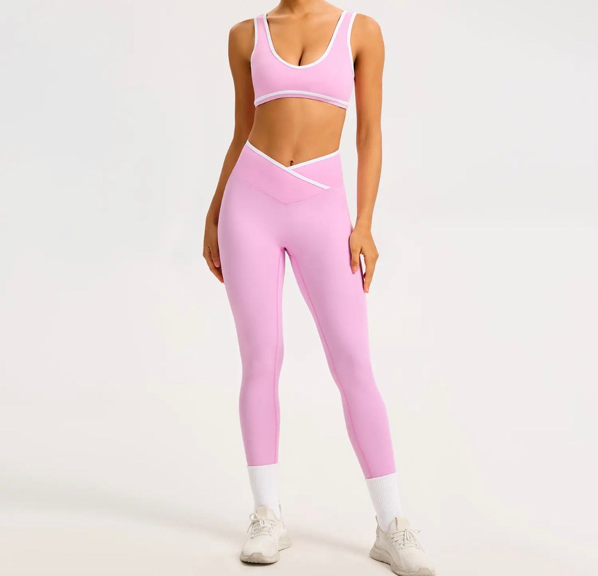 Color-Block Crossover-Waist Sports Bra & Sculpt-Legging Set • Pink