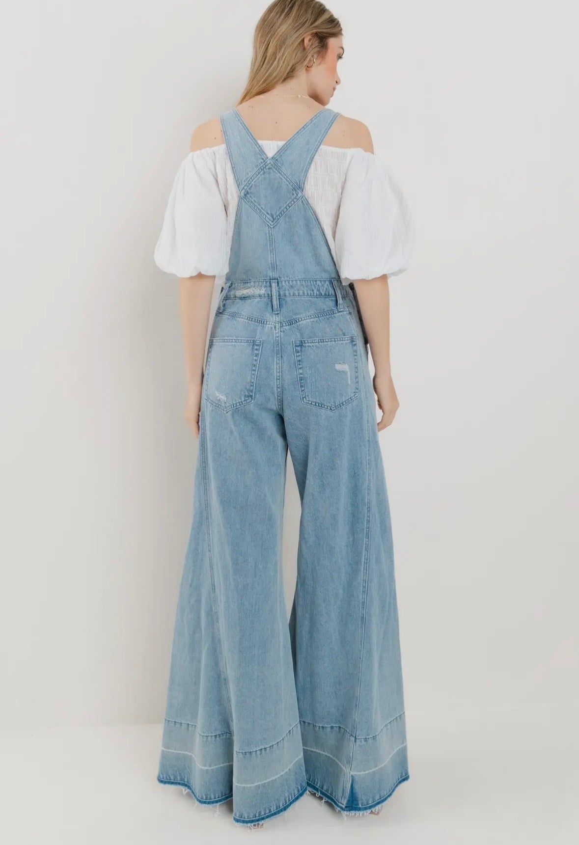 LIGHT WASH Wide Leg Distressed Denim Overalls