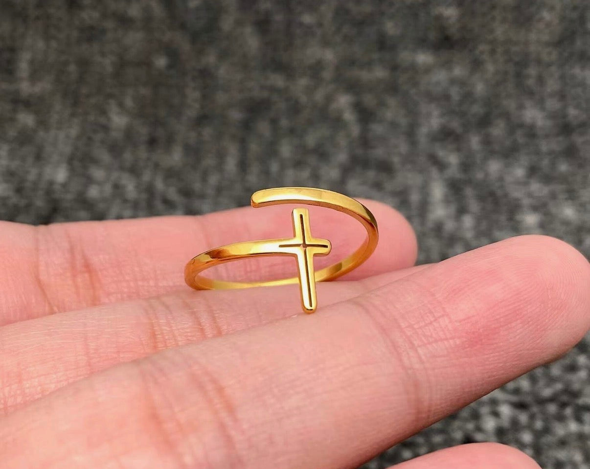 18K Gold-Plated Stainless Steel Cross Adjustable Ring