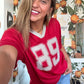Sporty V Neck Jersey Top with 89 Graphic Print • RED