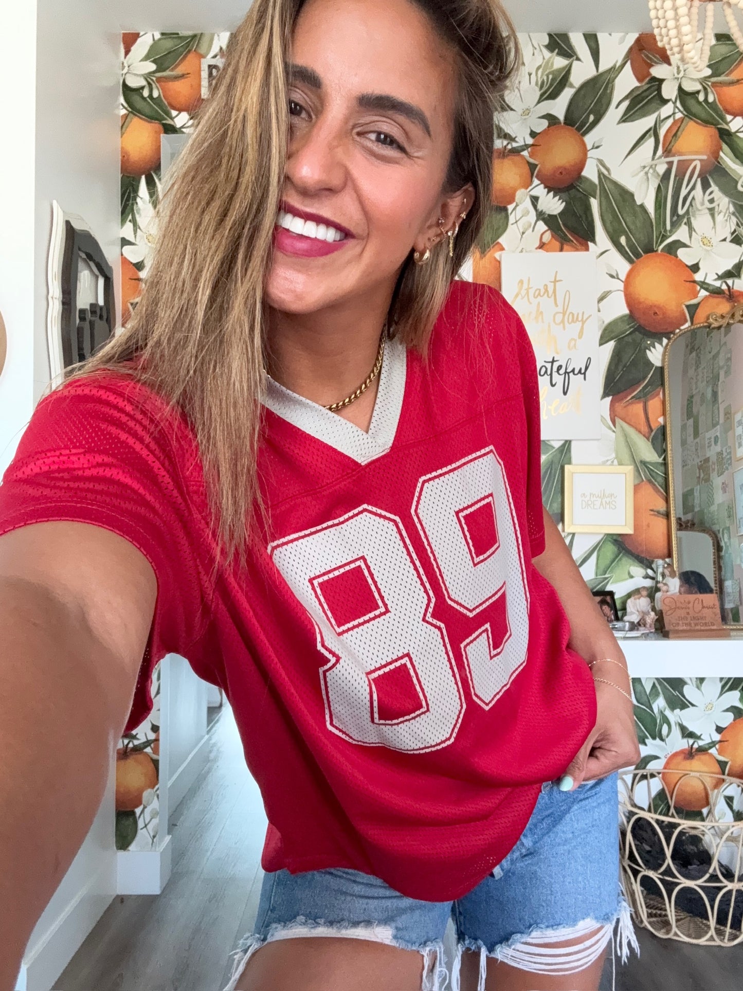 Sporty V Neck Jersey Top with 89 Graphic Print • RED