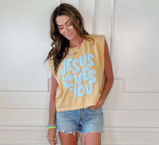 Smiley Jesus Loves You Puff Tank |  Yellow
