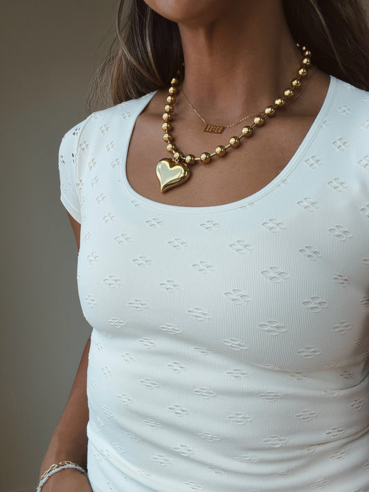 Seamless Eyelet Round Neck Short Sleeve Top || ivory