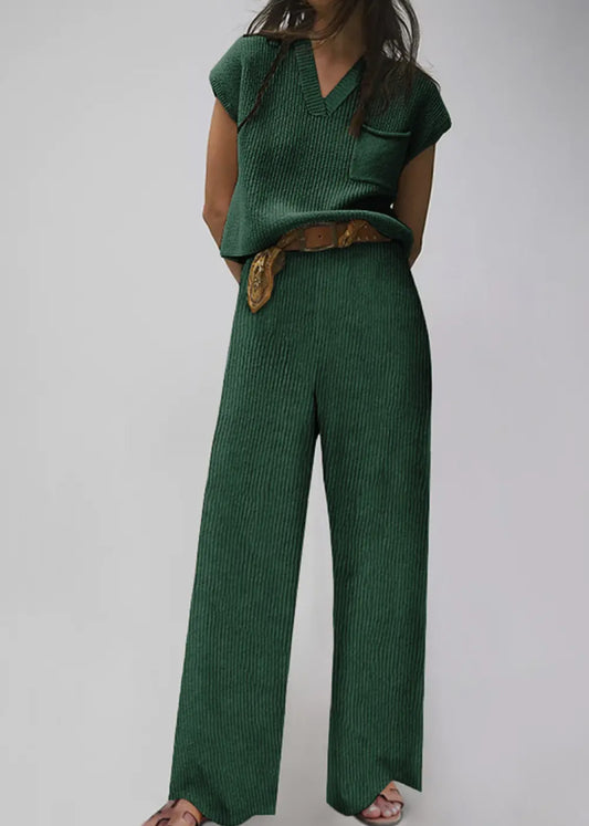 Dark Green V-Neck Sweater and Pants Set