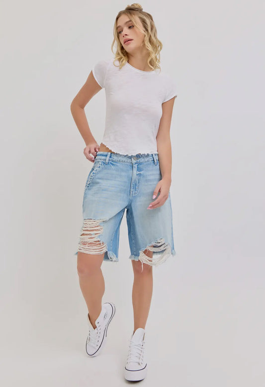 Mid Waist Distressed  Baggy Bermudas