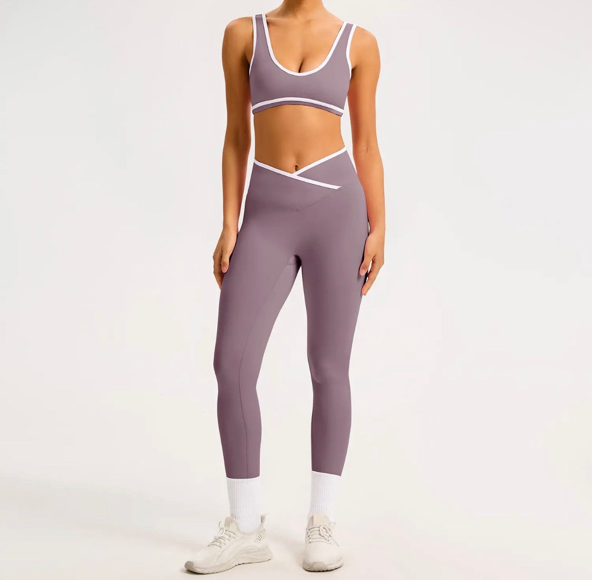 Color-Block Crossover-Waist Sports Bra & Sculpt-Legging Set • Purple