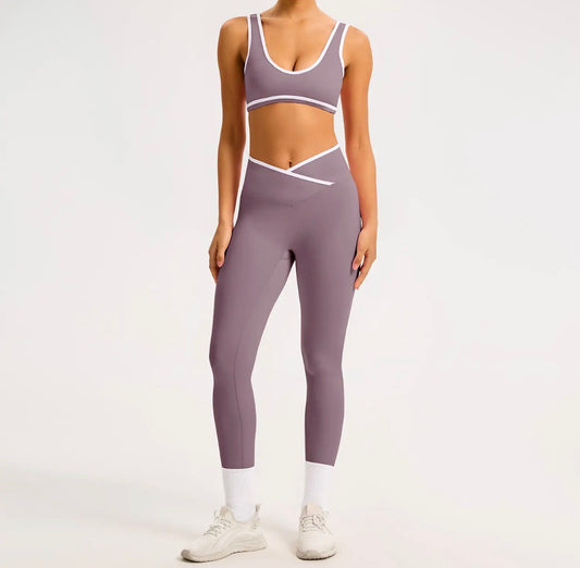 Color-Block Crossover-Waist Sports Bra & Sculpt-Legging Set • Purple