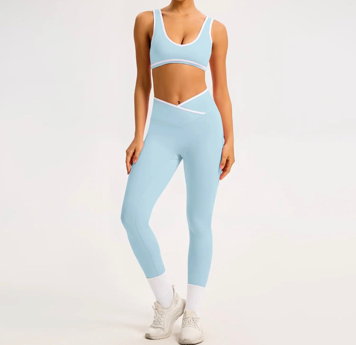 Color-Block Crossover-Waist Sports Bra & Sculpt-Legging Set • Blue