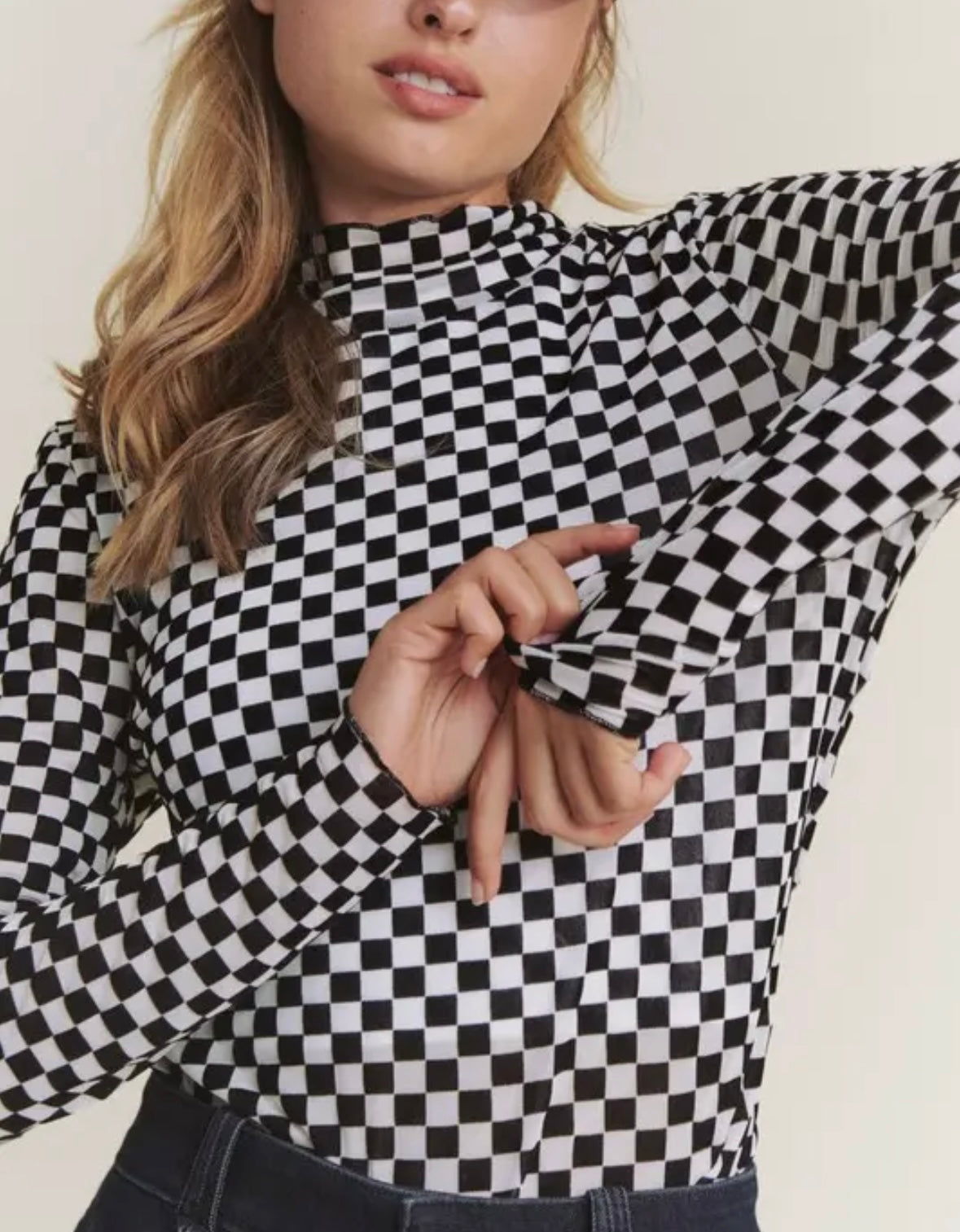 Long Sleeve Checkered Mesh Tops