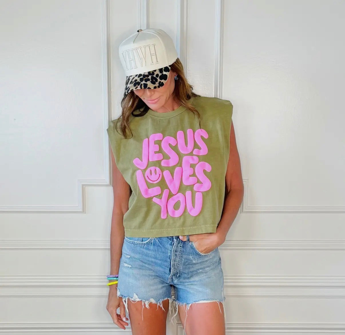 Smiley Jesus Loves You Puff Tank |  Green