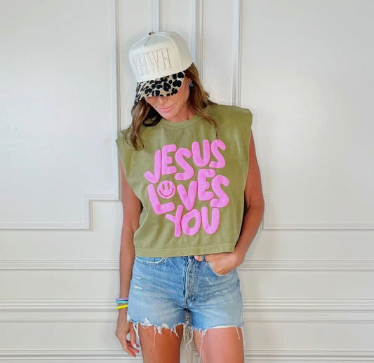 Smiley Jesus Loves You Puff Tank |  Green