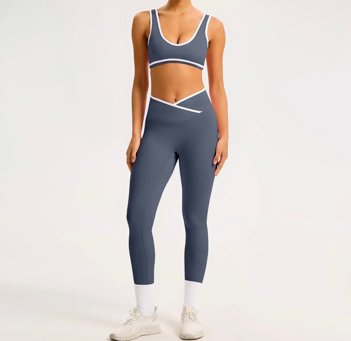 Color-Block Crossover-Waist Sports Bra & Sculpt-Legging Set • Blue Grey