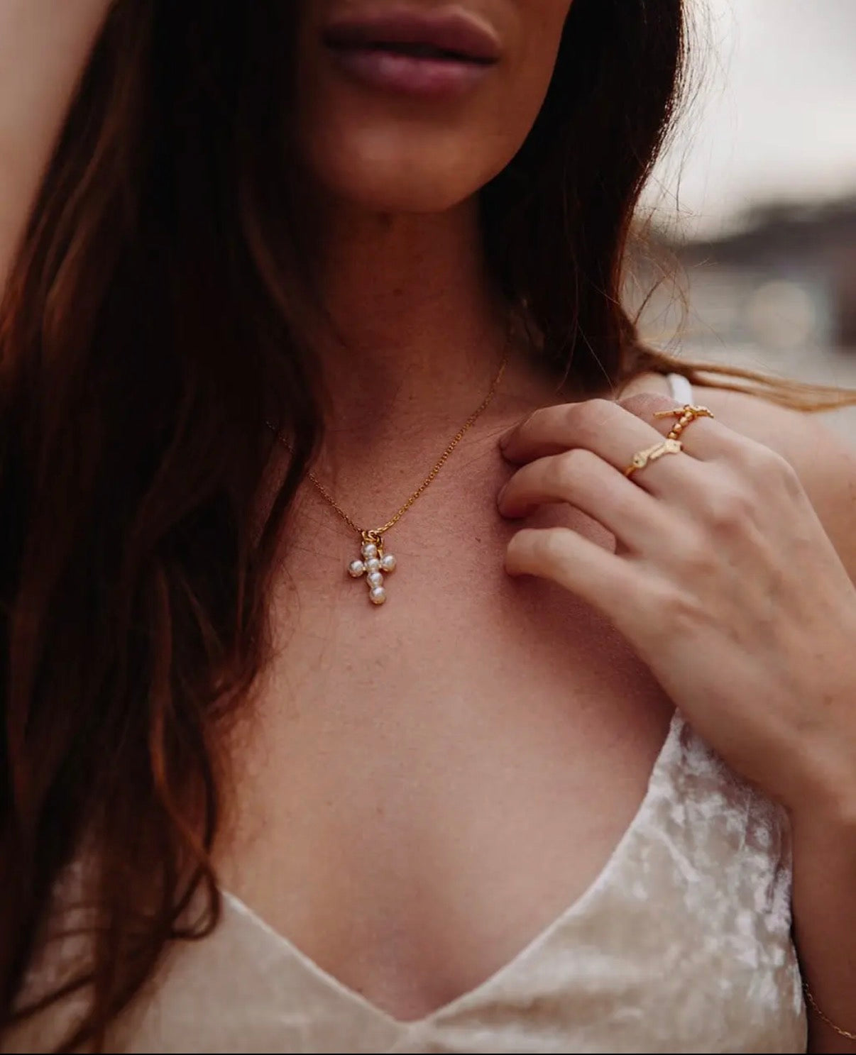 Pearl Cross + Mini Key Necklace
