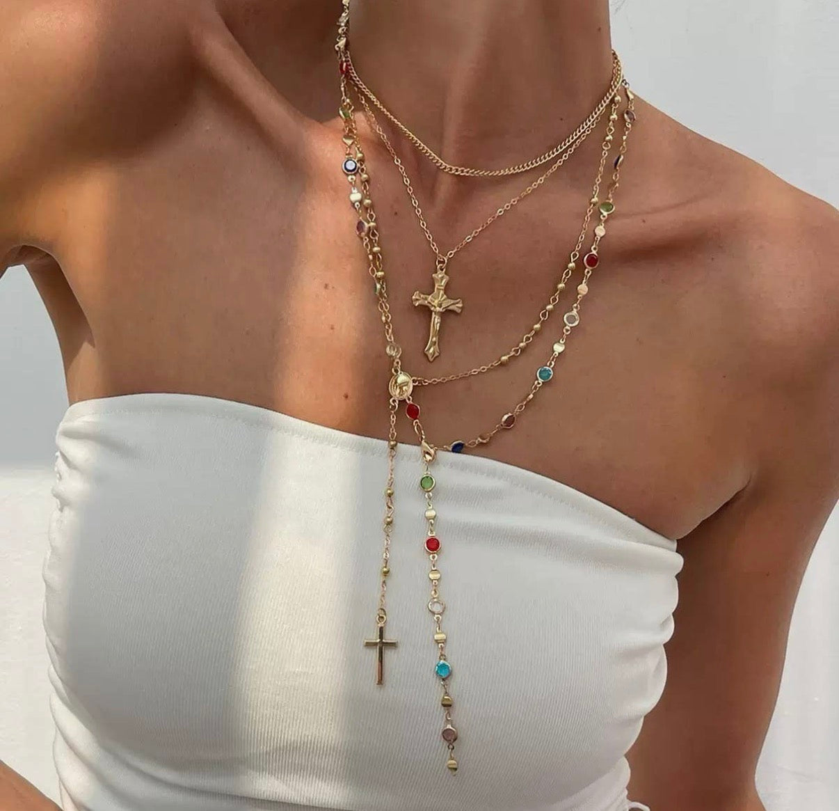 Boho Y Stone Cross Layered Necklace