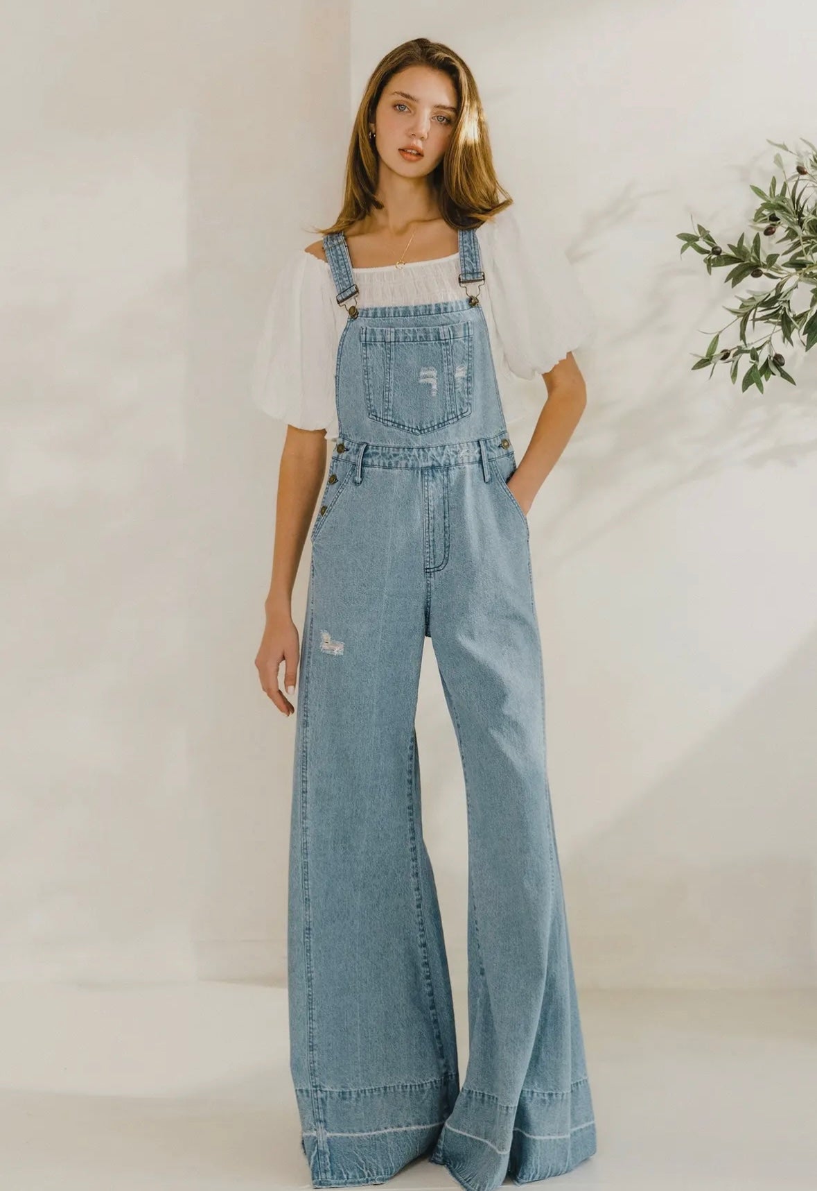 LIGHT WASH Wide Leg Distressed Denim Overalls