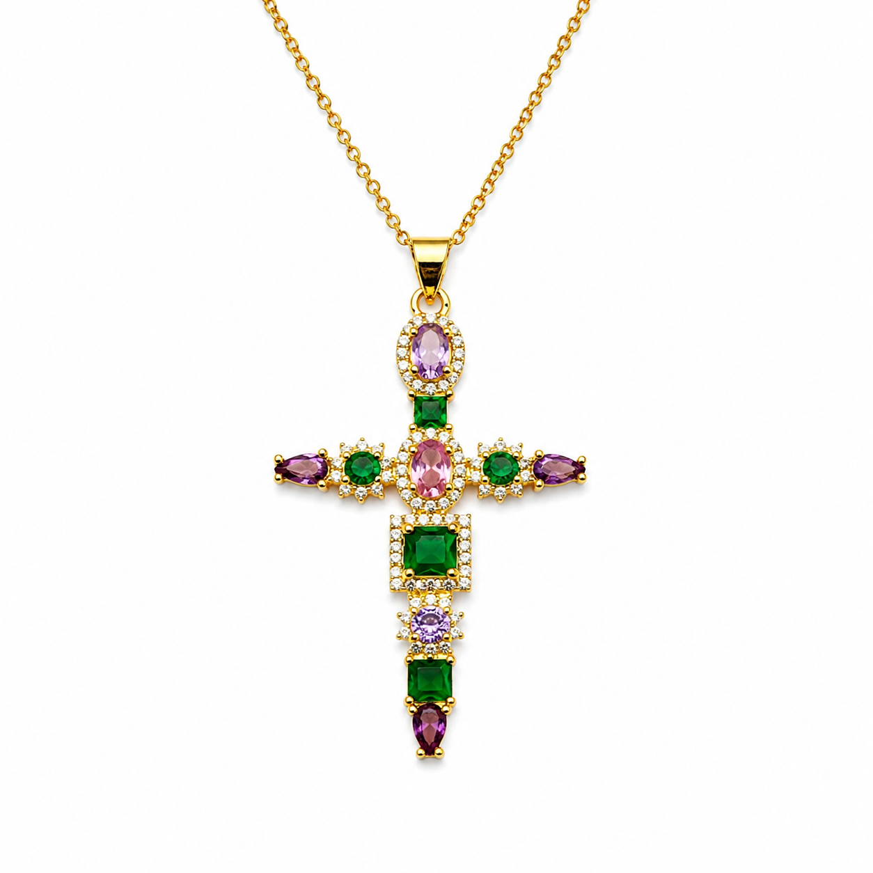 Rhinestone Cross Golden Charm Necklace