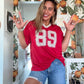 Sporty V Neck Jersey Top with 89 Graphic Print • RED