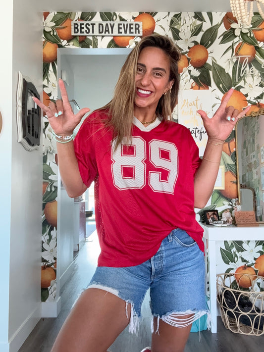 Sporty V Neck Jersey Top with 89 Graphic Print • RED