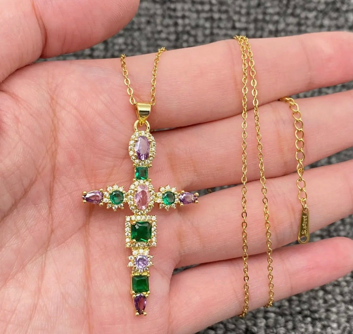 Rhinestone Cross Golden Charm Necklace