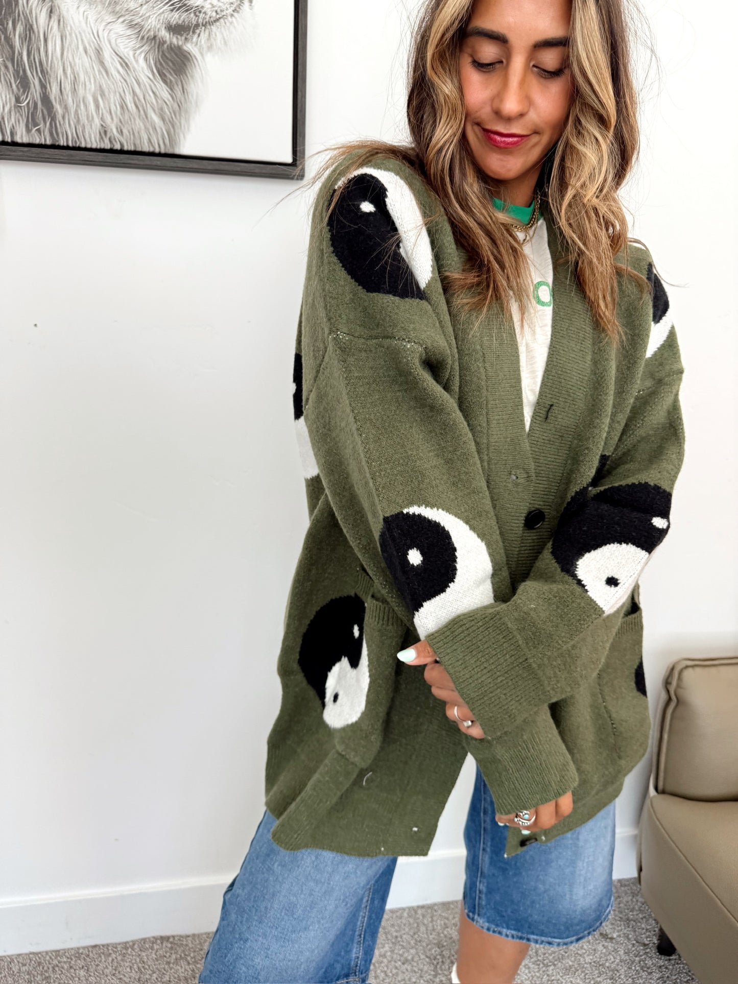 Olive Oversized Yin Yang Cardigan