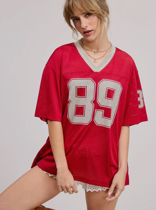 Sporty V Neck Jersey Top with 89 Graphic Print • RED