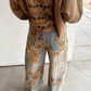 Floral Print Fleece Lined Wide Leg Denim Pants