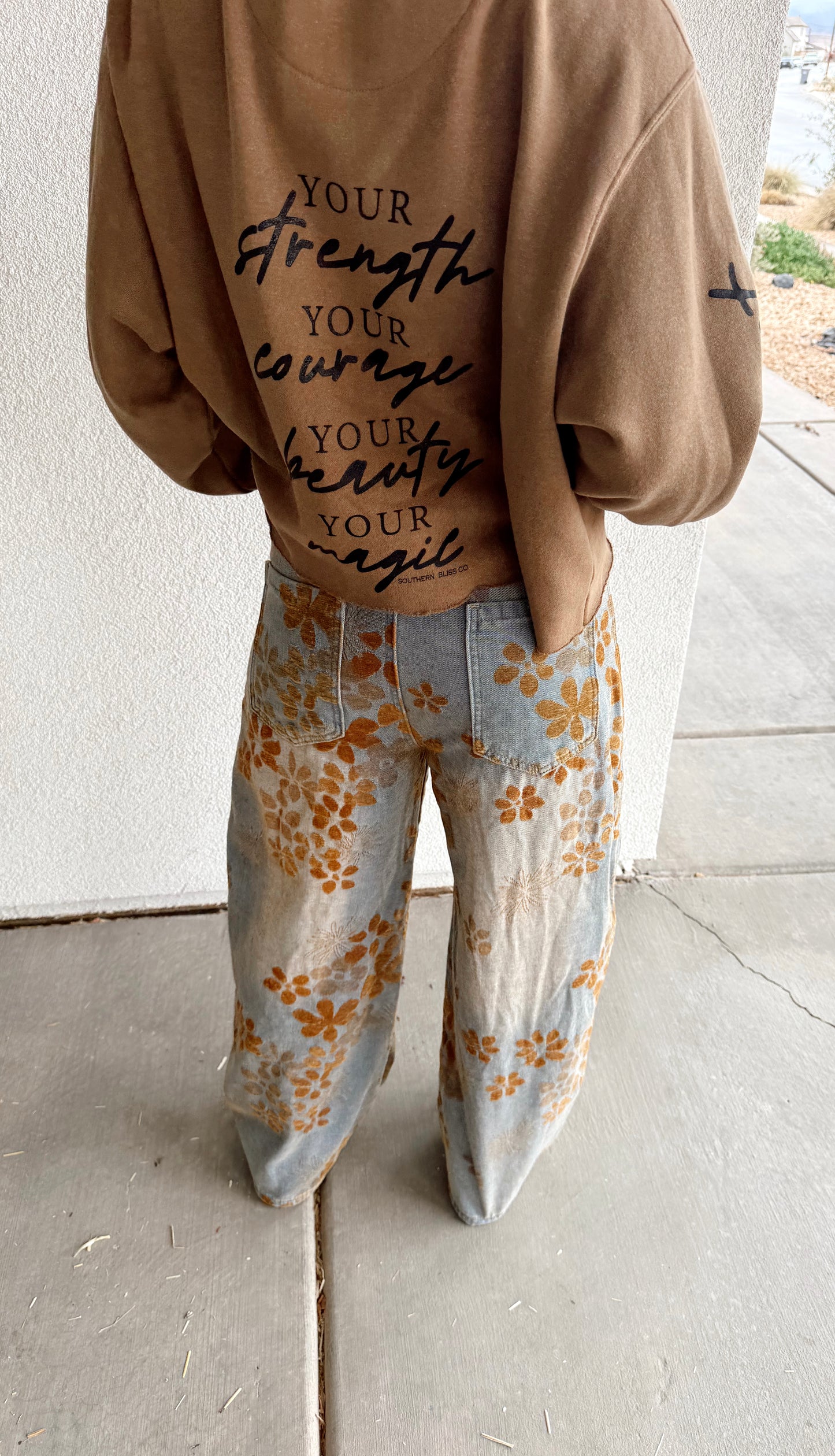 Floral Print Fleece Lined Wide Leg Denim Pants