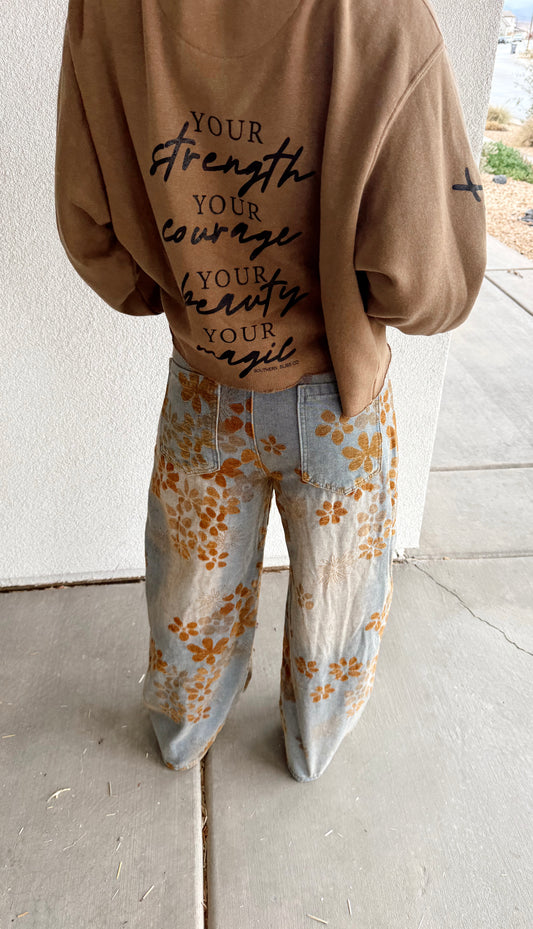 Floral Print Fleece Lined Wide Leg Denim Pants