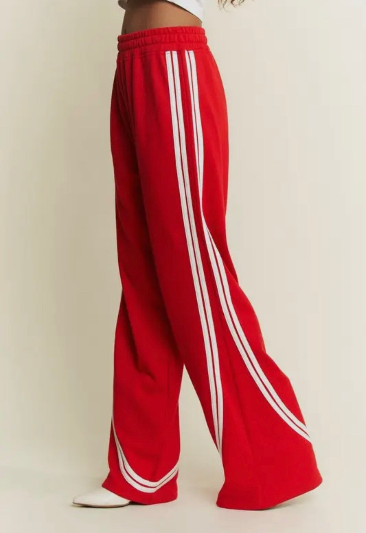 Red Solid Cotton Side Stripes Wide Leg Pants