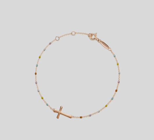 Rose Gold Dainty Boho Color Bead Cross Bracelet in 925 Sterling Silver