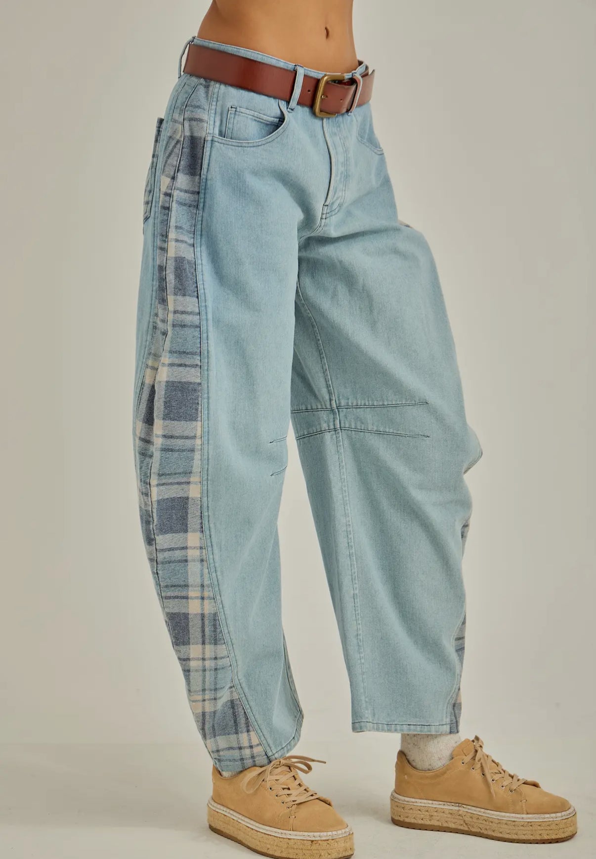 Denim Plaid Barrel Jeans