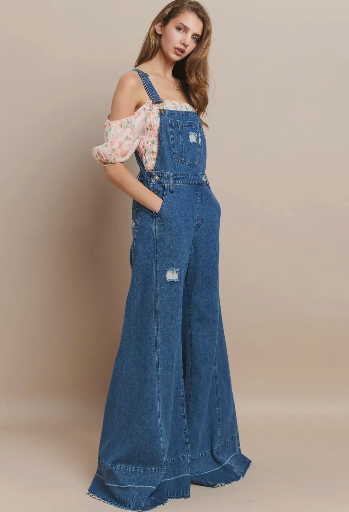 Wide Leg Distressed Denim Overalls