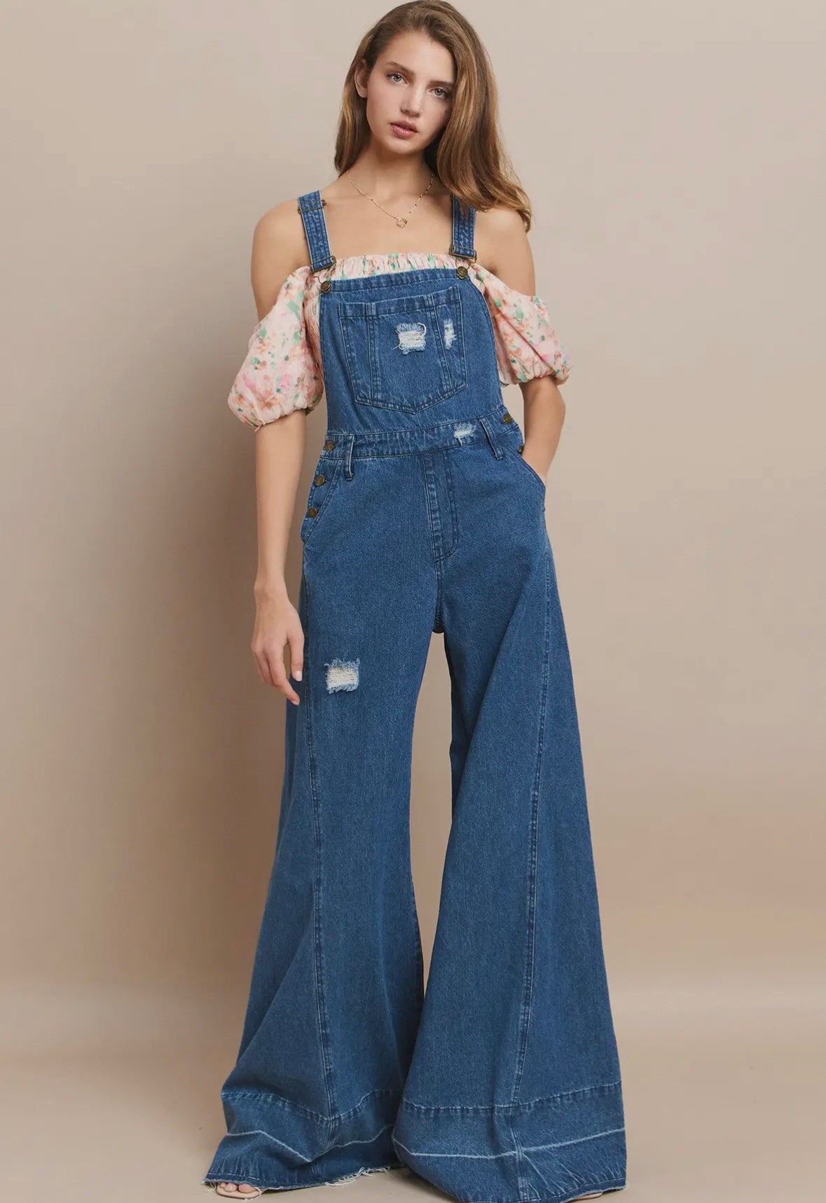 Wide Leg Distressed Denim Overalls