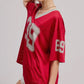 Sporty V Neck Jersey Top with 89 Graphic Print • RED
