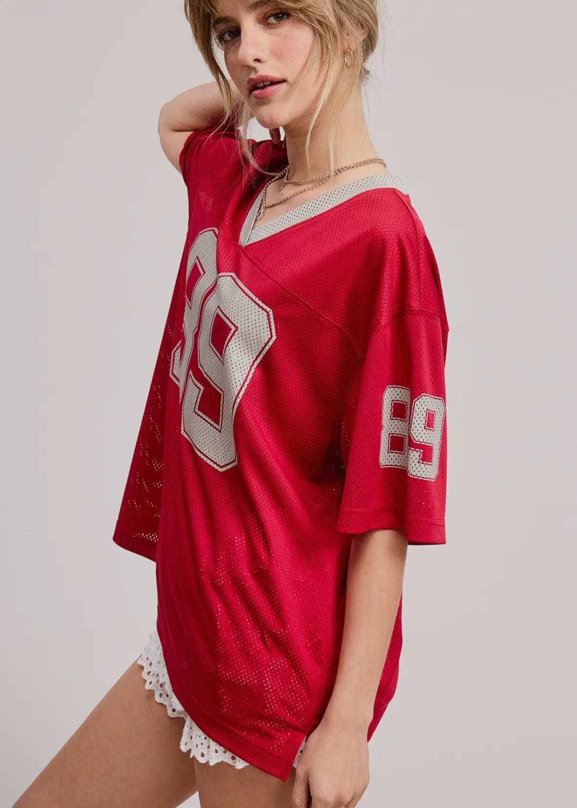 Sporty V Neck Jersey Top with 89 Graphic Print • RED