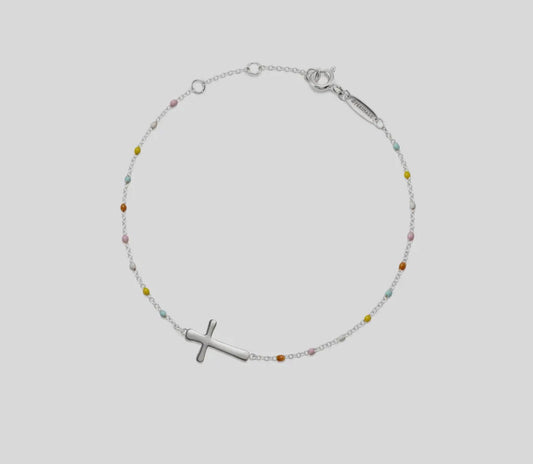 Silver Dainty Boho Color Bead Cross Bracelet in 925 Sterling Silver